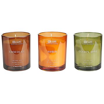 Set Of 3 Scented Candles Multicolour 100% Soy Wax Cotton Wick Glass Fruit Oriental Fragrance Golden Apple/chocolate/amber Beliani