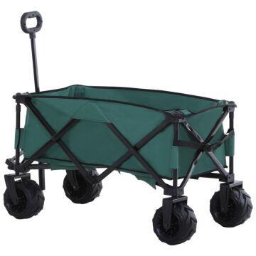 Outsunny Outdoor Pull Along Cart Folding Cargo Wagon Trailer Trolley For Beach Garden Use With Telescopic Handle, Anti-slip Wheel - Green