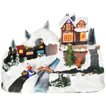 Homcom Animated Christmas Village Scene, Battery-operated Musical Holiday Decoration With Led Light, Fibre Optic River, Moving Train For Tabletop
