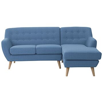 Corner Sofa Blue Upholstered Tufted Back Thickly Padded Chaise Longue Light Wood Legs Scandinavian Minimalistic Living Room Beliani