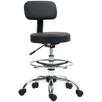 Homcom Draughtsman Chair, Faux Leather Height Adjustable Stool With Footrest, 360° Swivel Chair For Study And Bedroom, Black