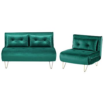 Living Room Set Green Velvet Single And 2 Seater Sofa Bed With Cushions Metal Hairpin Legs Glamour Beliani