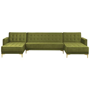 Corner Sofa Bed Green Velvet Tufted Fabric Modern U-shaped Modular 5 Seater With Chaise Lounges Beliani