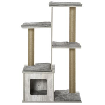 Pawhut 114cm Cat Tree For Indoor Large Cats Condo Jute Scratching Post Cat Tower Kitten Play House Activity Center Furniture Grey