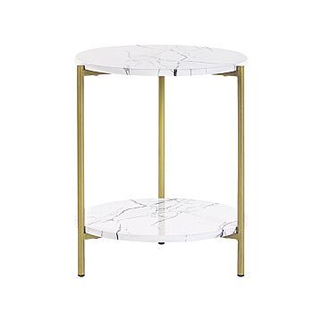 Side Table White With Gold Mdf Iron ⌀ 40 Cm With Shelf Metal Legs Modern Glam Living Room Beliani
