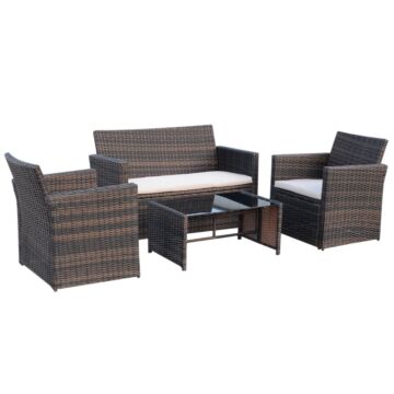 Outsunny 4-seater Rattan Garden Sofa Set Outdoor Patio Wicker Weave 2-seater Bench Chairs & Coffee Table Conservatory, Brown