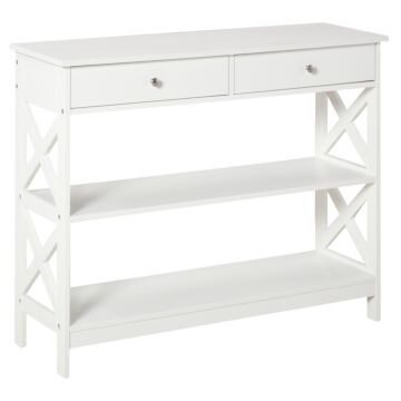 Homcom Console Table Side Desk W/ Shelves Drawers Open Top X Support Frame Living Room Hallway Home Office Furniture White