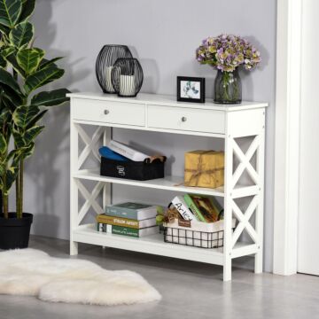 Homcom Console Table Side Desk W/ Shelves Drawers Open Top X Support Frame Living Room Hallway Home Office Furniture White