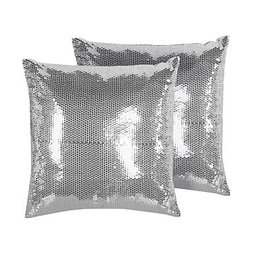 Set Of 2 Decorative Cushions Silver Sequin 45 X 45 Cm Glittering Sparkle Beliani