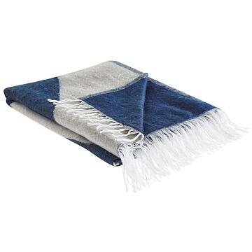 Blanket Beige And Blue Polyester And Acrylic Blend 130 X 170 Cm Decorative Throw Woman Female Motif Beliani