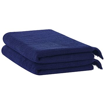 Set Of 2 Bath Sheets Towels Navy Terry Cotton Polyester 100 X 150 Cm Tassels Texture Bath Towels Beliani
