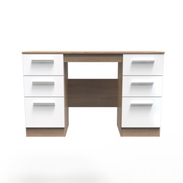 Contrast 6 Drawer Kneehole Desk In White & Bardolino Oak