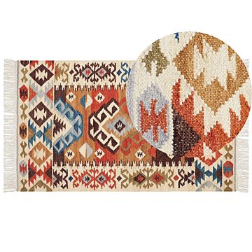 Kilim Area Rug Multicolour Wool And Cotton 80 X 150 Cm Handmade Woven Boho Patchwork Pattern With Tassels Beliani