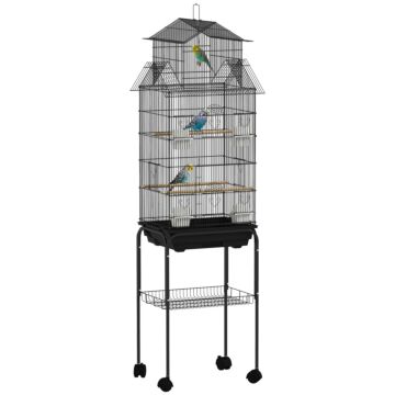 Pawhut Metal Bird Cage With Plastic Swing, Perch, Food Container, Tray, Handle, For Finches, Canaries, Budgies, 43 X 32.5 X 163