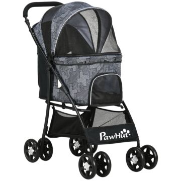 Pawhut Pet Stroller Dog Pushchair Cat Travel Carriage Foldable Carrying Bag W/ Universal Wheels, Brake Canopy For Xs & S Sized Pets, Grey