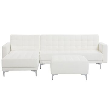 Corner Sofa Bed White Faux Leather Tufted Modern L-shaped Modular 4 Seater With Ottoman Right Hand Chaise Longue Beliani