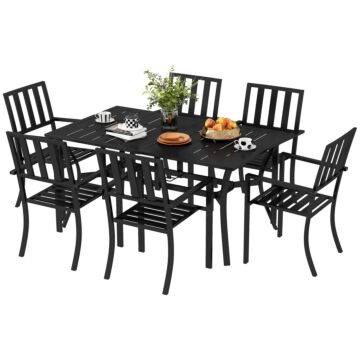 Outsunny 7 Pieces Garden Table And Chairs 6 Seater Outdoor Table And Chairs With Umbrella Hole, For Poolside, Garden, Black