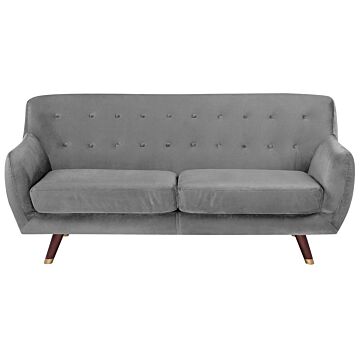 Sofa Grey Velvet 3 Seater Button Tufted Back Cushioned Seat Wooden Legs Beliani