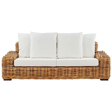 Garden Sofa Natural Rattan Outdoor 3 Seater With Off-white Cushions Wicker Traditional Boho Living Room Beliani