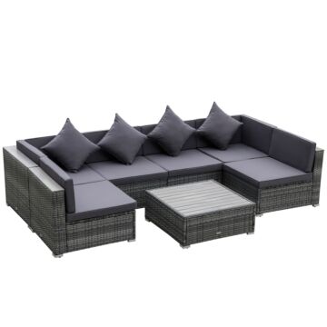 Outsunny 7 Pieces Patio Wicker Sofa Set, Outdoor Pe Rattan Sectional Furniture Set W/ Acacia Table Top & Cushion For Garden, Backyard, Grey