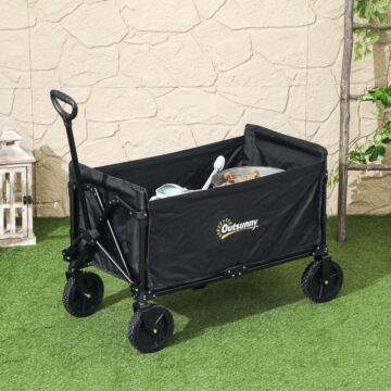 Outsunny 120l Folding Garden Trolley Cart, Outdoor Collapsible Wagon With Wheels And Adjustable Handle For Beach, Camping, Festival, Black