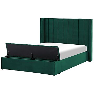 Eu Double Size Panel Bed Green Velvet 4ft6 Slatted Base High Headrest With Storage Bench Beliani