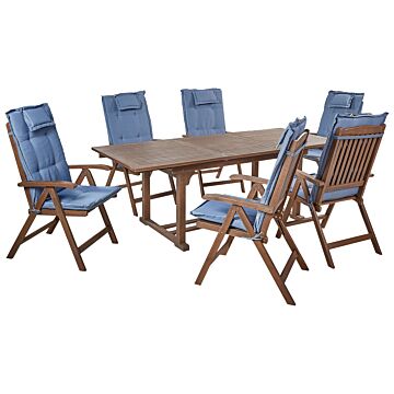 Garden Dining Set Dark Solid Acacia Wood Extending Table 6 Chairs With Blue Cushions Adjustable Backrest Folding Rustic Style Beliani