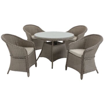 Outsunny 5 Pieces Outdoor Patio Pe Rattan Dining Set, Four Seater Garden Furniture - 4 Chairs & Round Table W/ Umbrella Hole, Mixed Grey