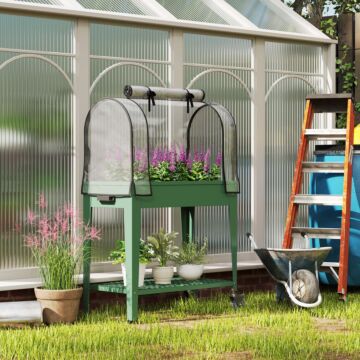 Outsunny Raised Planter With Greenhouse Cover, Mobile Elevated Garden Bed With Wheels And Bottom Shelf For Vegetables, Green