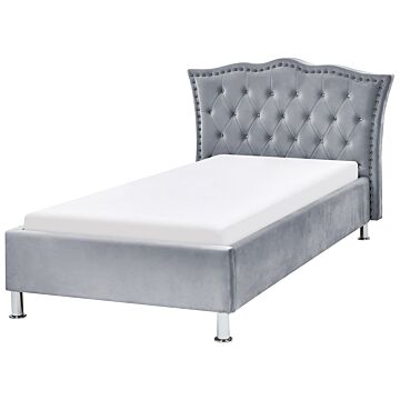 Eu Single Size Bed Grey Velvet Upholstered Frame Nailhead Trim Crystal Buttons Headrest Bedroom Modern Glam Beliani