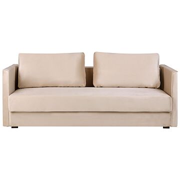 Sofa Bed Beige Velvet 3 Seater Storage Compartment Removable Cushions Modern Beliani