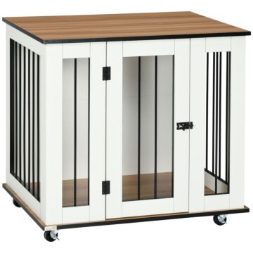 Pawhut Dog Crate Furniture With Wheels, Dog Cage End Table For Medium Dogs, With Lockable Door, White, 80 X 60 X 76.5cm