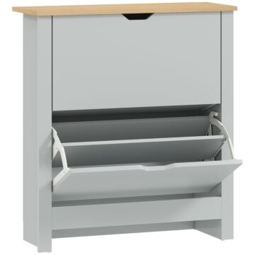 Homcom Slim Shoe Cabinet, Narrow Shoe Cupboard With 2 Flip Drawers, Adjustable Shelves For 12 Pairs Of Shoes, Light Grey