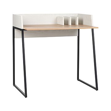 Home Office Desk Light Wood And White Mdf Board 90 X 60 Cm Desk Grommet Hole Tabletop Organizers Beliani