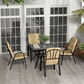 Outsunny 5 Pieces Outdoor Square Garden Dining Set W/ Tempered Glass Dining Table 4 Cushioned Armchairs, Umbrella Hole, Beige