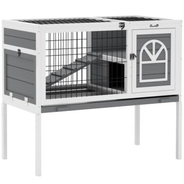 Pawhut Wooden Rabbit Hutch, Guinea Pig Cage, With Removable Tray, Openable Roof, Grey