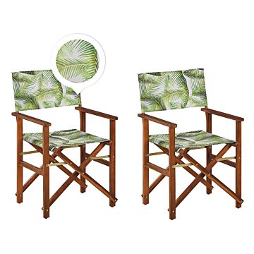 Set Of 2 Garden Director's Chairs Dark Wood With Grey Acacia Tropical Leaves Pattern Replacement Fabric Folding Beliani