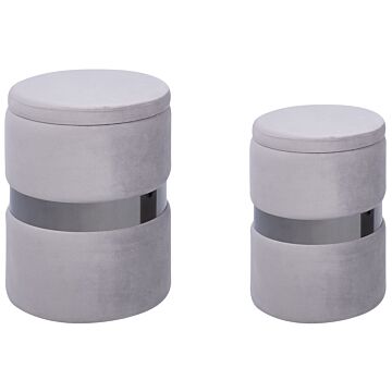 Set Of 2 Storage Pouffes Light Grey Polyester Velvet Upholstery Footstool Glam Style Beliani