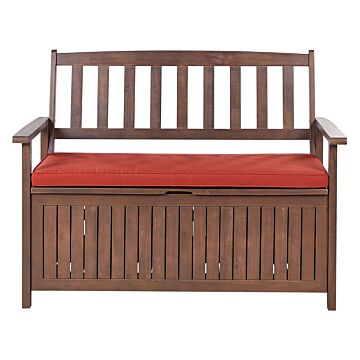 Garden Bench With Storage Dark Solid Acacia Wood Red Cushion 120 X 60 Cm 2 Seater Outdoor Patio Rustic Traditional Style Beliani