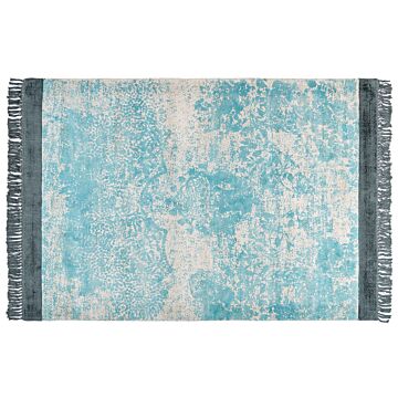 Area Rug Blue And Beige Viscose With Cotton Backing With Fringes 160 X 230 Cm Style Vintage Distressed Pattern Beliani