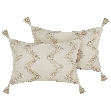 Decorative Cushion Beige Cotton 40 X 60 Cm With Tassels Boho Chevron Pattern Beliani