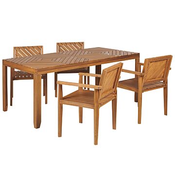 Garden Dining Set Light Acacia Wood Table 180 X 90 Cm 4 Outdoor Chairs With Armrests Rustic Style Beliani