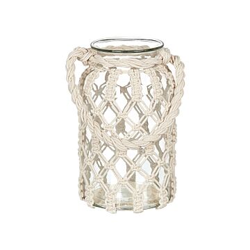 Lantern Off-white Glass 28x16cm Macrame Rope Handle Jar Single Candle Boho Beliani