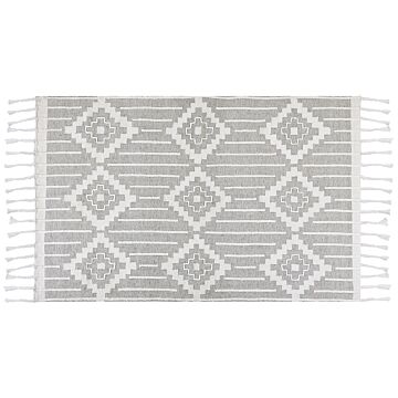 Area Rug Grey And White 140 X 200 Cm Synthetic Material Decorative Tassels Indian Style Indoor Outdoor Beliani