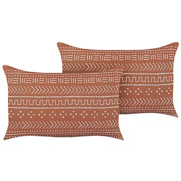 Set Of 2 Decorative Cushions Orange Cotton 35 X 55 Cm Geometric Pattern Block Printed Boho Decor Accessories Beliani