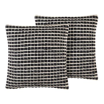 Set Of 2 Scatter Cushions Black And White Cotton 45 X 45 Cm Pillow Cover Checked Pattern With Polyester Filling Beliani