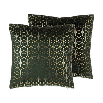 Decorative Cushion Green Velvet Cube Pattern 45 X 45 Cm Geometric Foil Print Modern Glamour Decor Accessories Beliani
