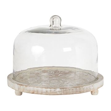 Cake Stand With Lid Light Mango Wood Glass 29 X 29 X 23 Cm Decorative Serving Tray Cake Dome Pastry Holder Beliani