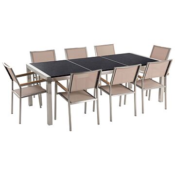 Garden Dining Set Beige With Black Granite Table Top 8 Seats 220 X 100 Cm Triple Plate Beliani