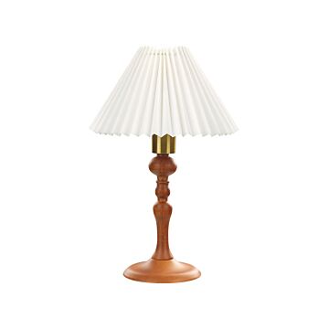 Table Lamp Dark Oak Wood Cotton White Shade 38 Cm Bedside Light Lighting Retro Elegant Beliani